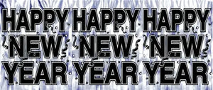 Happy New Year Banner, Silver Fringe with Black Letters and Confetti - 1 Each  - Party Direct