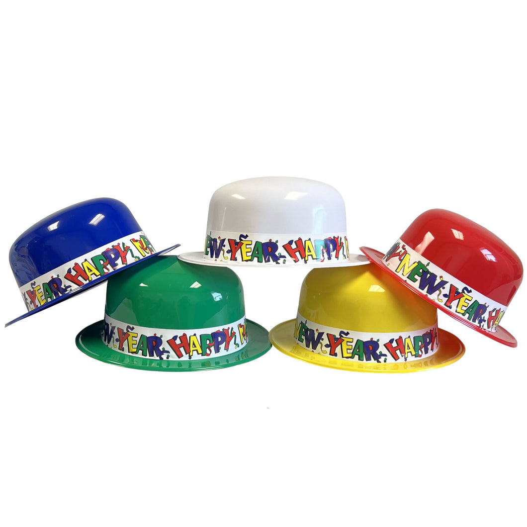 Happy New Year Plastic Derby Style Hat - 50/Box