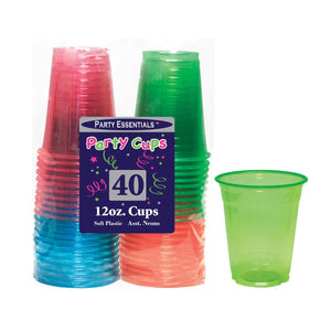12oz Neon Cups, Soft Plastic - 4 Assorted Colors  - Party Direct