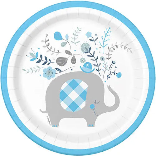 Blue Floral Elephant 7in Plate - 8 Plates/Pack or 96 Plates/Unit  - Party Direct