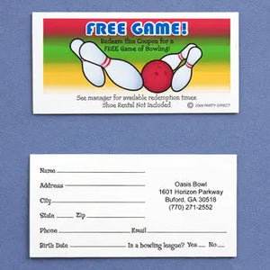 Bowling Party Free Game Coupon with Custom Imprint  - Party Direct