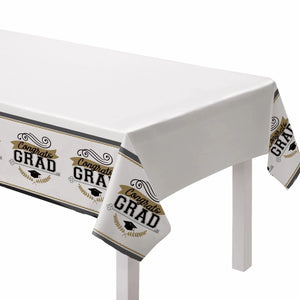 "Congrats Grad" Gold & Black Table Cover - 3/Pack or 18/Unit  - Party Direct