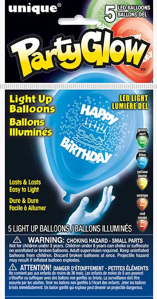 Happy Birthday Light Up Balloons, Astd Colors - 5/PK or 30/Unit  - Party Direct