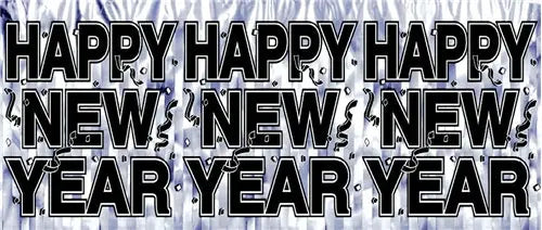 Happy New Year Banner, Silver Fringe with Black Letters and Confetti - 1 Each  - Party Direct