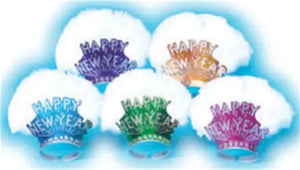Happy New Year Tiara, Astd Colors with Array of White Feathers - 25/Box  - Party Direct