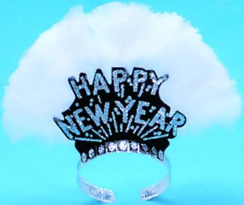 Happy New Year Tiara, Silver Glitter with Feather Array - 25/Box Party Direct