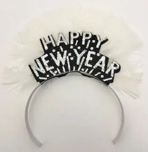 Load image into Gallery viewer, Happy New Year Tiara, Silver Glitter with Feather Array - 25/Box Party Direct
