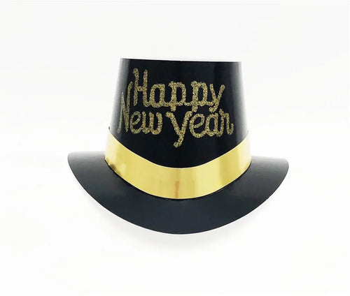 Happy New Year Top Hat, Black with Gold Lettering and Band  - Party Direct