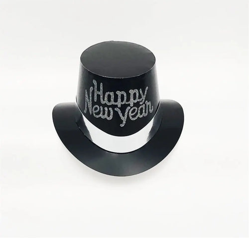 Happy New Year Top Hat, Black with Silver Lettering and Band  - Party Direct