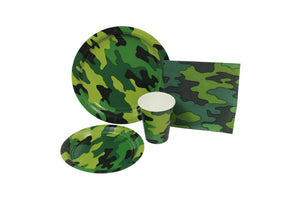 Camouflage plates, cups and napkins for 250