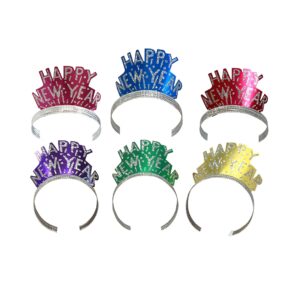 Happy New Year Tiaras, Foil, Assorted with Silver Glitter Letters - 25/Box