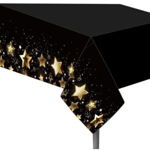 Black and Gold Star New Year Plastic Table Cover - 1 Table Cover