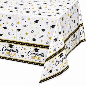 White, Black & Gold Graduation 54" x 107" Plastic Table Cover - 1 Table Cover